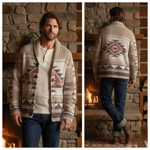 Lucky Brand M Southwestern Navajo Tribal Cabincore Cozy Shawl Knit Cardigan